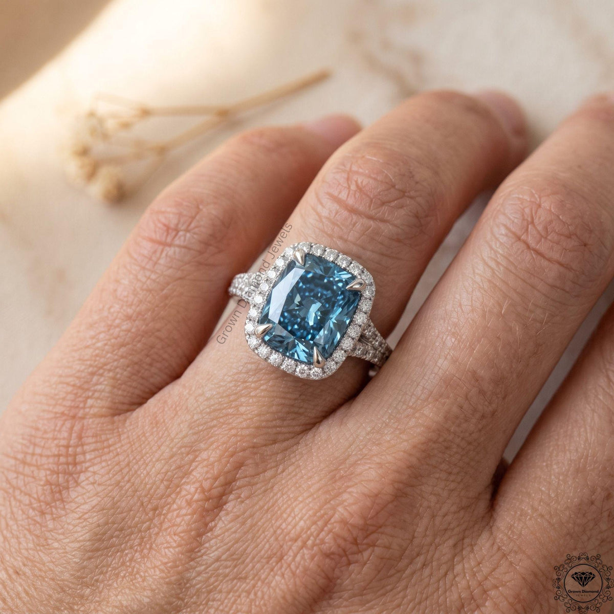 Cushion Cut Fancy Vivid Blue Split Shank Pave Set Halo Ring