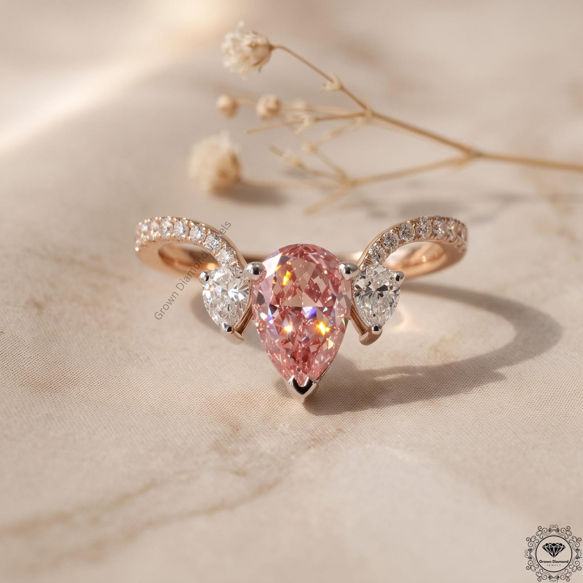 Pink Pear Lab Grown Diamond Three Stone Engagement Ring