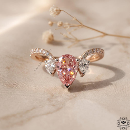 Pink Pear Lab Grown Diamond Three Stone Engagement Ring