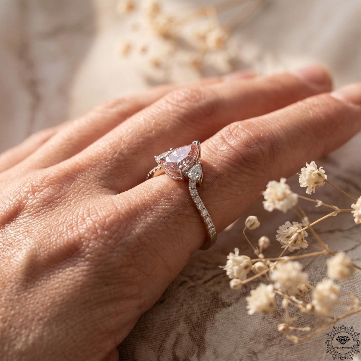 Pink Pear Lab Grown Diamond Three Stone Engagement Ring