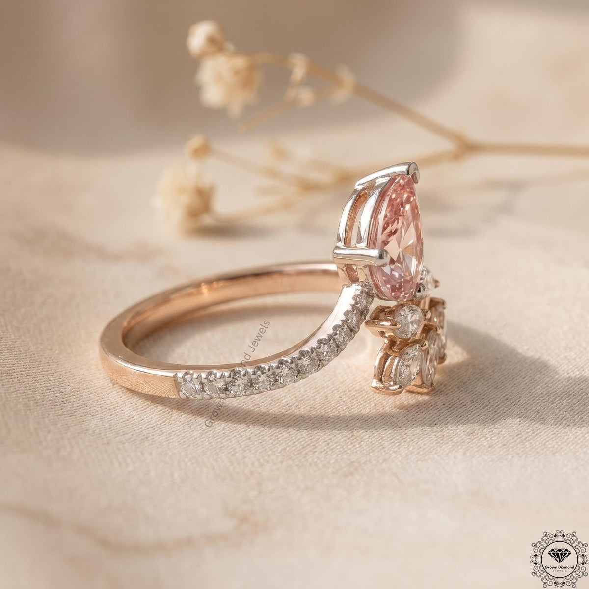 Pink Pear Lab Diamond Nature Inspired Leaf Engagement Ring