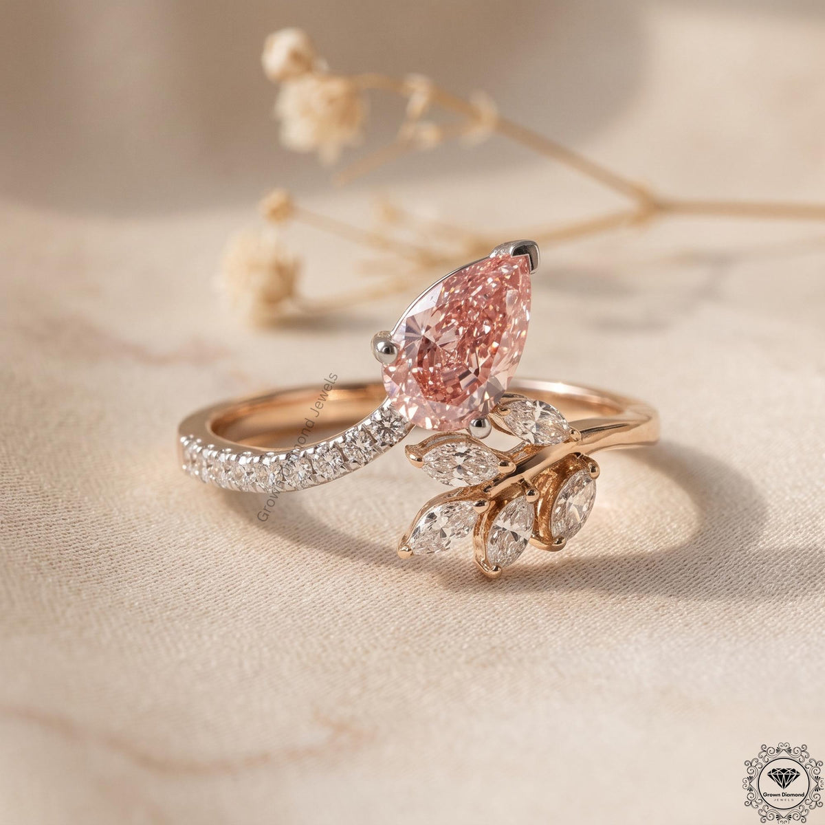 Pink Pear Lab Diamond Nature Inspired Leaf Engagement Ring