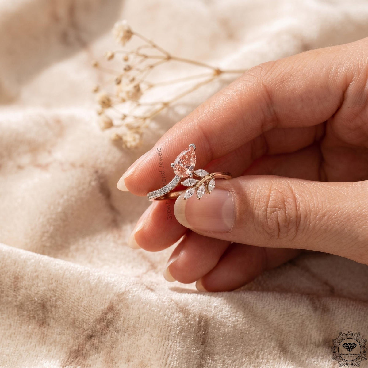 Pink Pear Lab Diamond Nature Inspired Leaf Engagement Ring