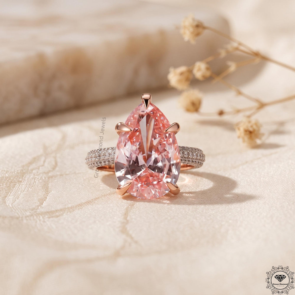 5 Ct Pink Lab Grown Pear Diamond Engagement Solitaire Ring