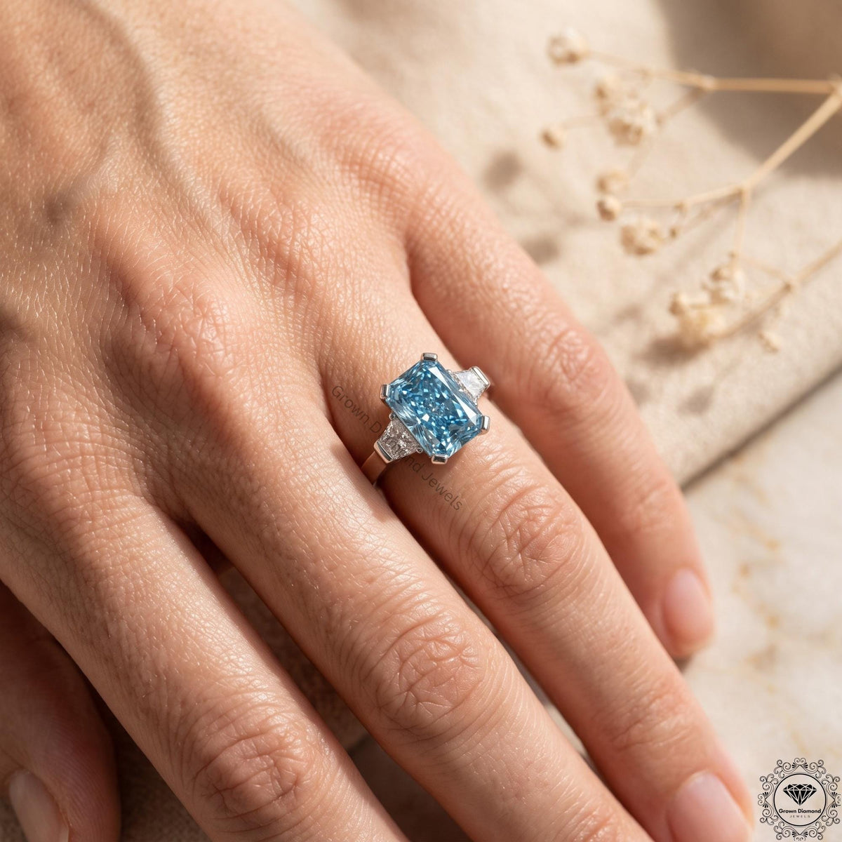 2 Ct Vivid Blue Radiant Lab Grown Diamond Three Stone Ring