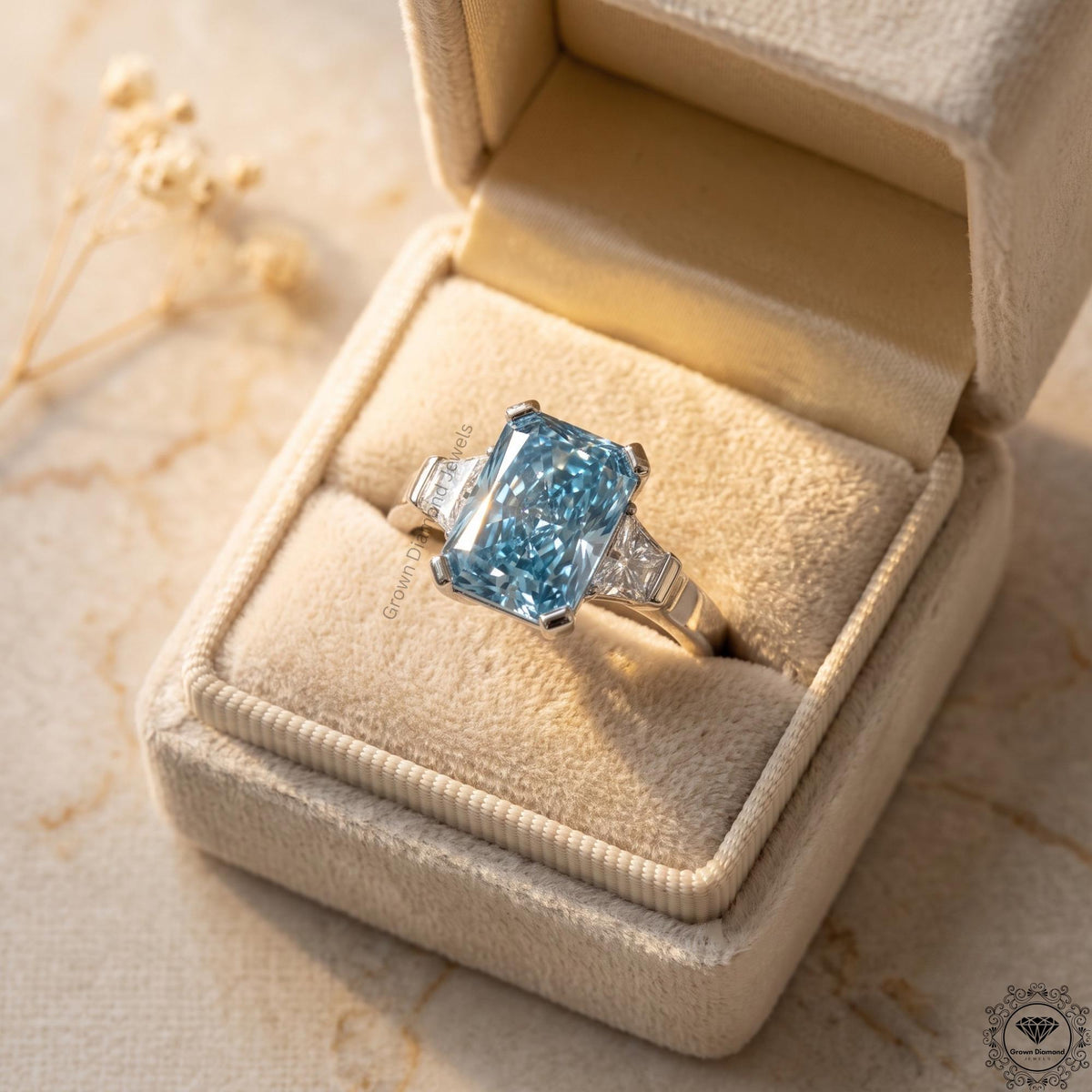 2 Ct Vivid Blue Radiant Lab Grown Diamond Three Stone Ring