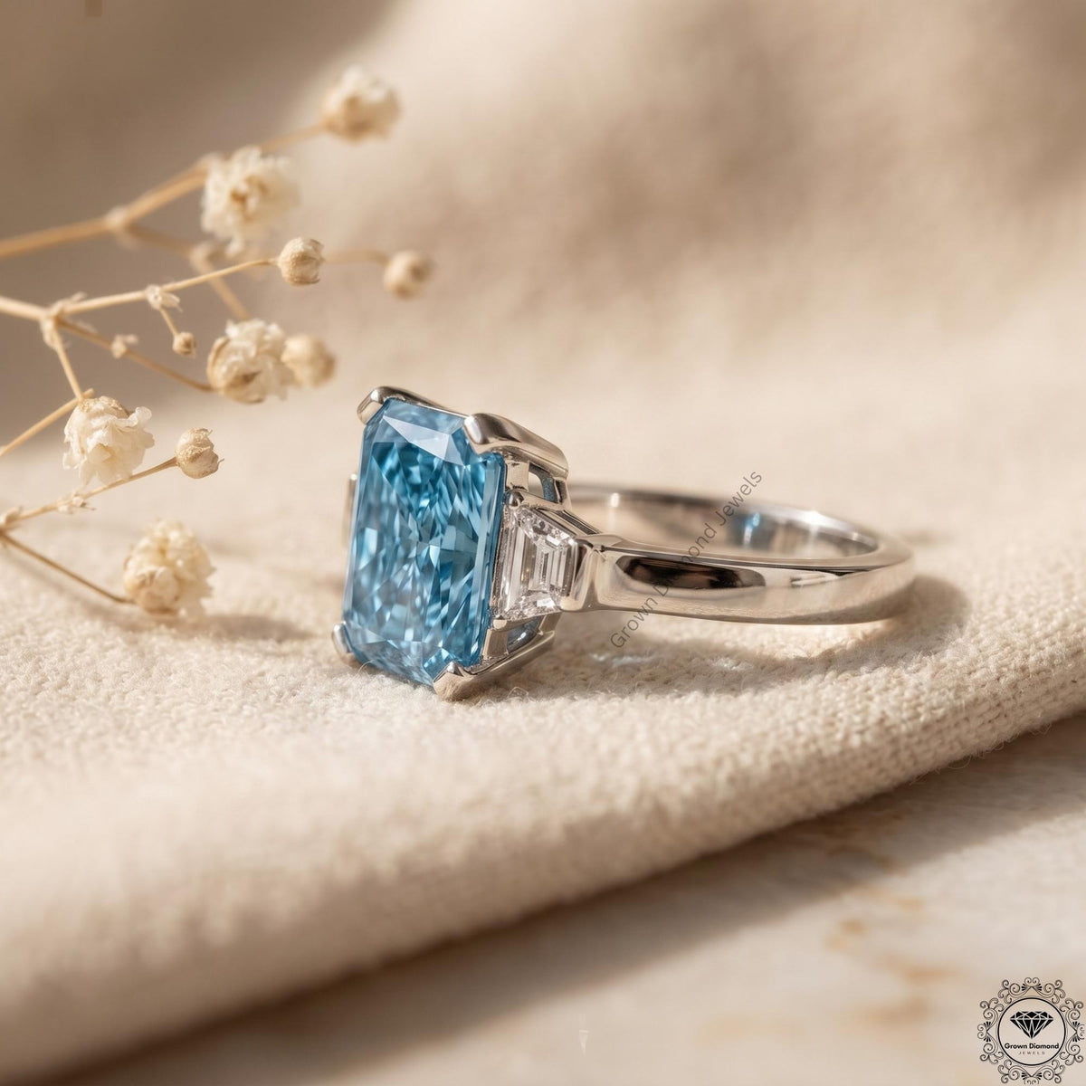 2 Ct Vivid Blue Radiant Lab Grown Diamond Three Stone Ring