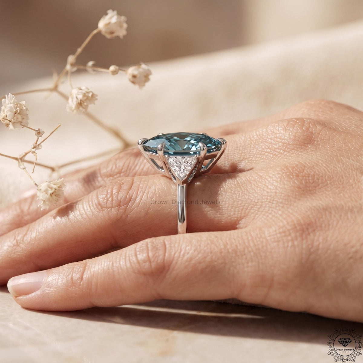 2 CT Marquise Vivid Blue Diamond 3 Stone Engagement Ring