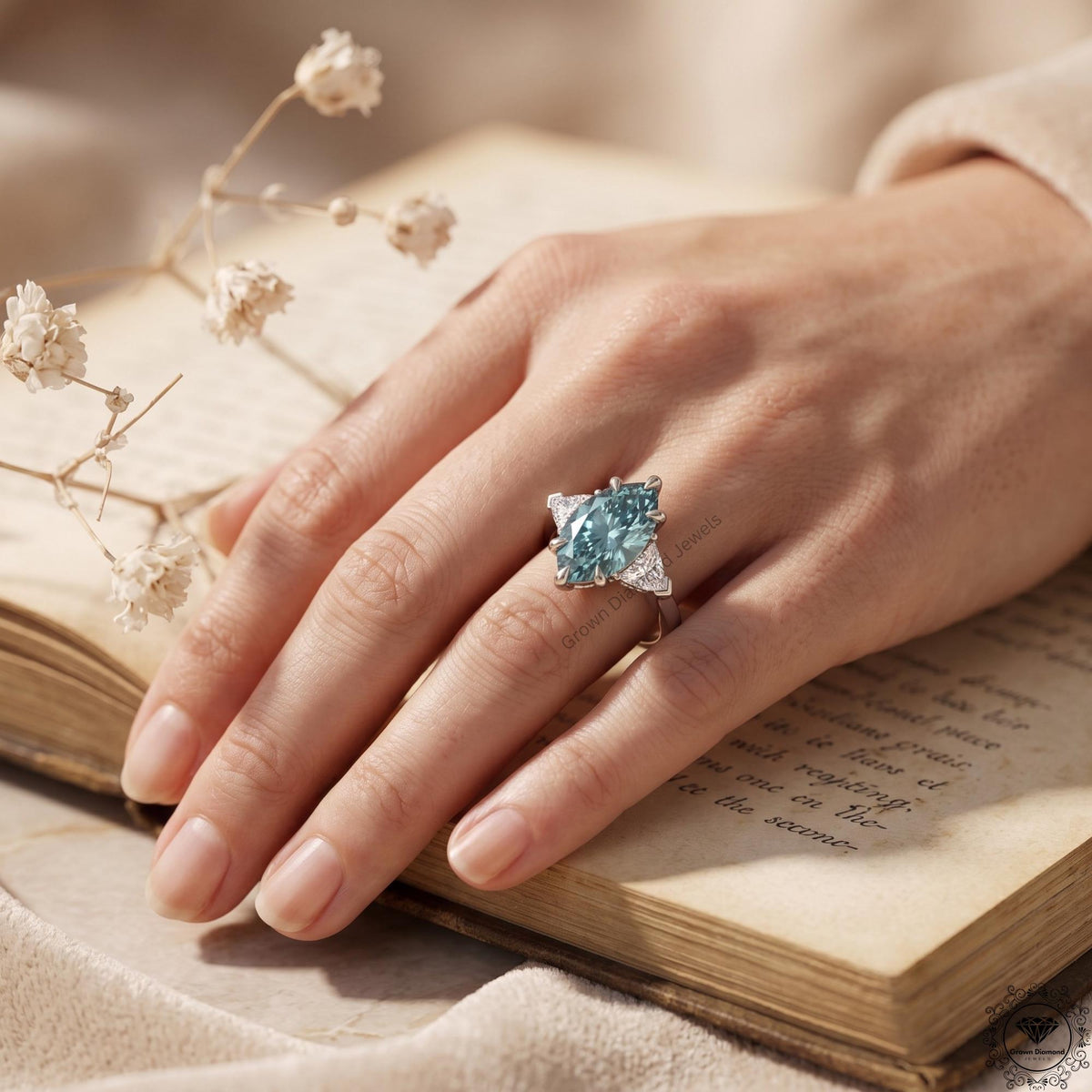 2 CT Marquise Vivid Blue Diamond 3 Stone Engagement Ring