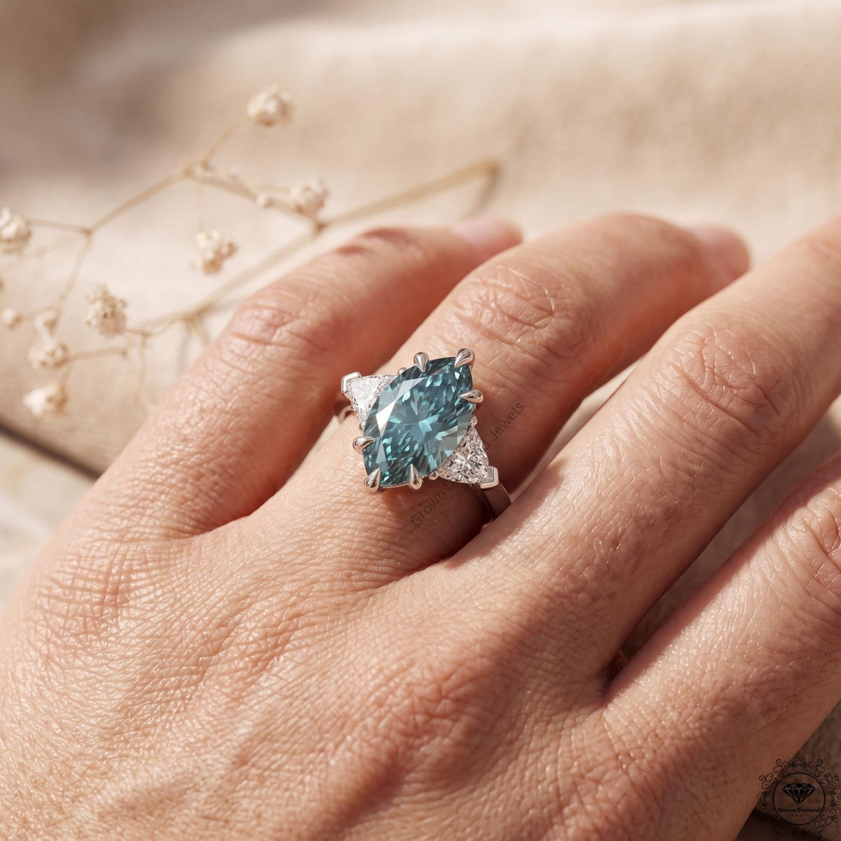 2 CT Marquise Vivid Blue Diamond 3 Stone Engagement Ring