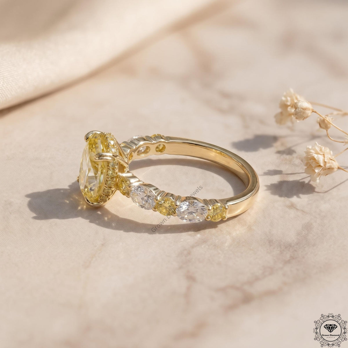 Intense Yellow Oval Lab Grown Diamond Hidden Halo Ring