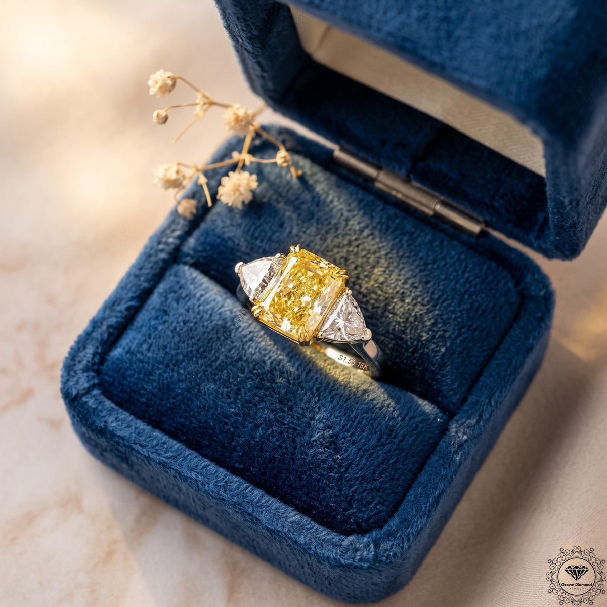 Radiant cut yellow lab grown diamond 3 stone Hidden Halo ring