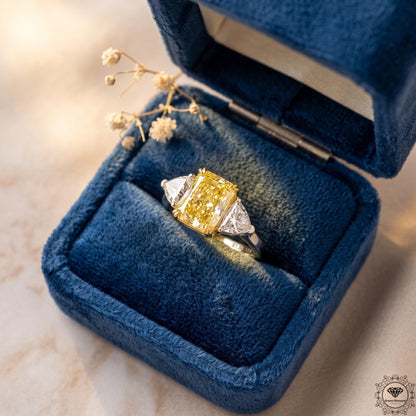 Radiant cut yellow lab grown diamond 3 stone Hidden Halo ring