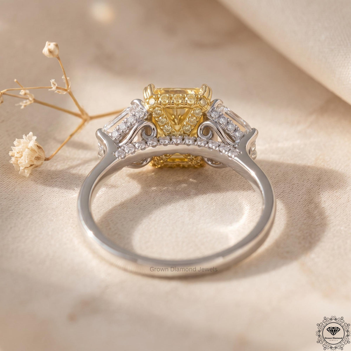 Radiant cut yellow lab grown diamond 3 stone Hidden Halo ring