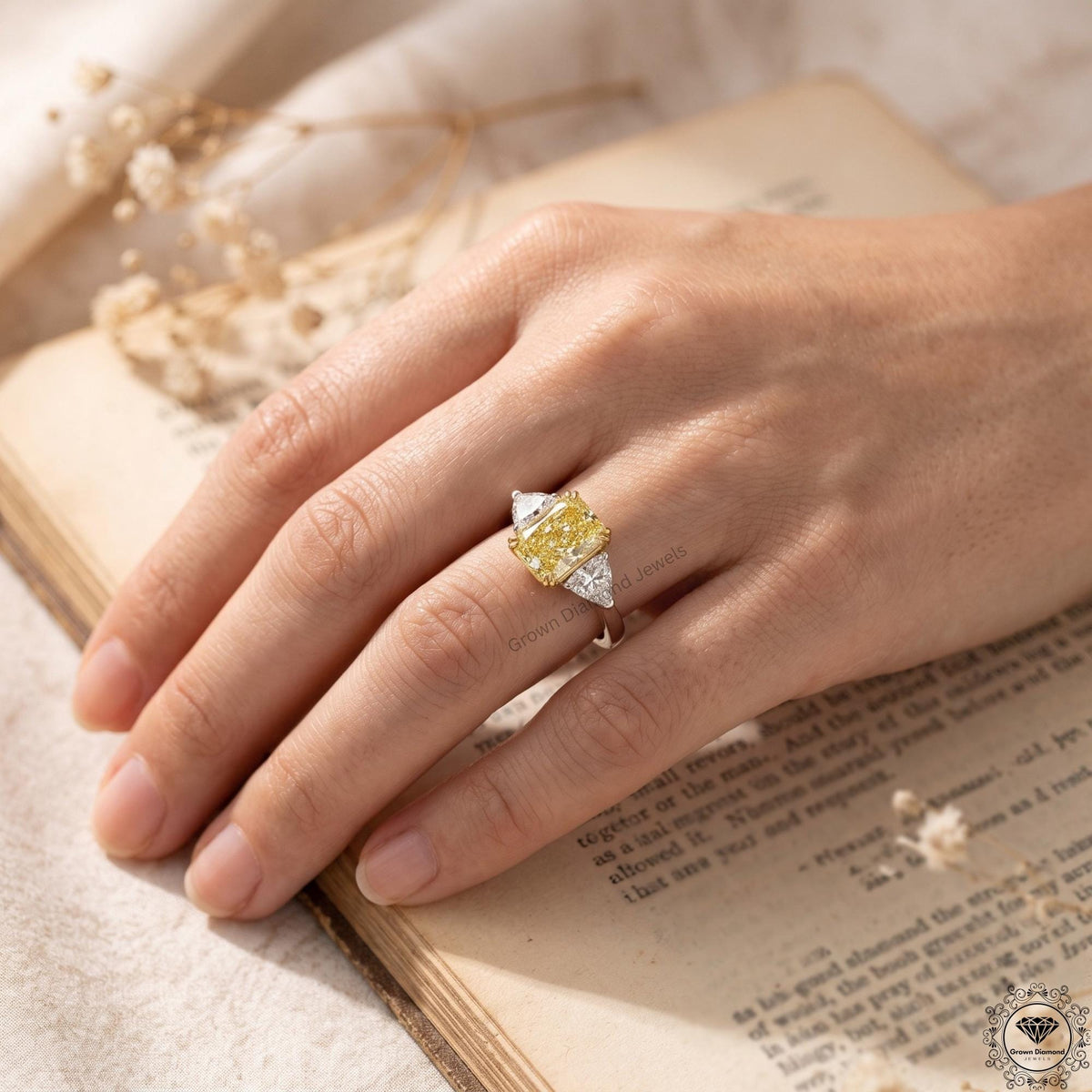Radiant cut yellow lab grown diamond 3 stone Hidden Halo ring