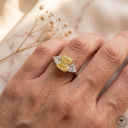Radiant cut yellow lab grown diamond 3 stone Hidden Halo ring
