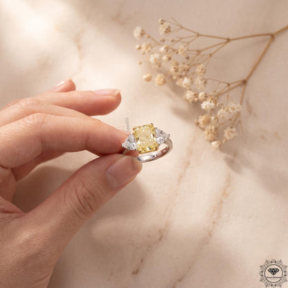 Radiant cut yellow lab grown diamond 3 stone Hidden Halo ring