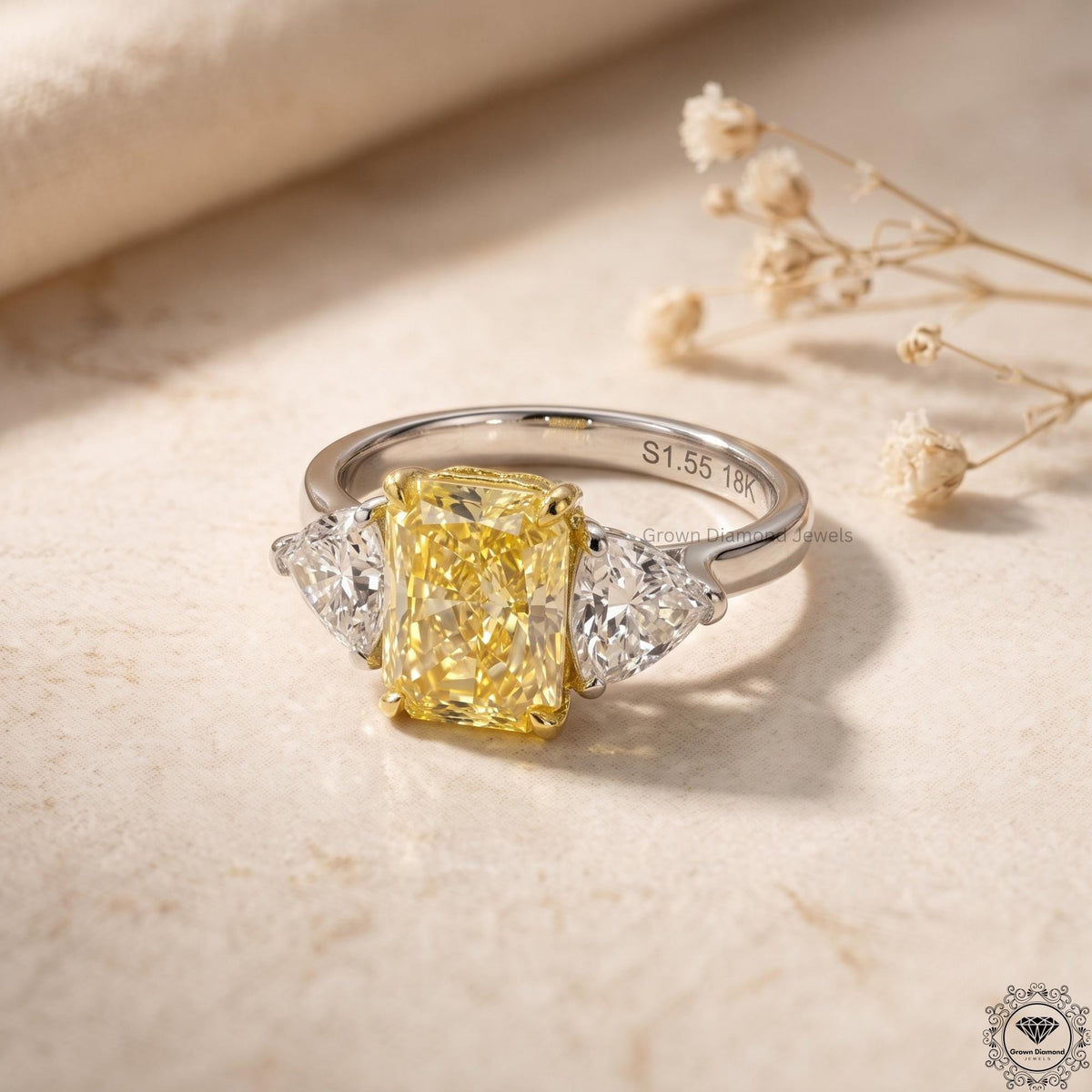 Radiant cut yellow lab grown diamond 3 stone Hidden Halo ring