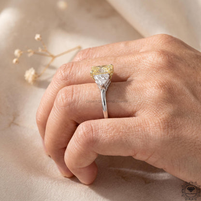 Radiant cut yellow lab grown diamond 3 stone Hidden Halo ring