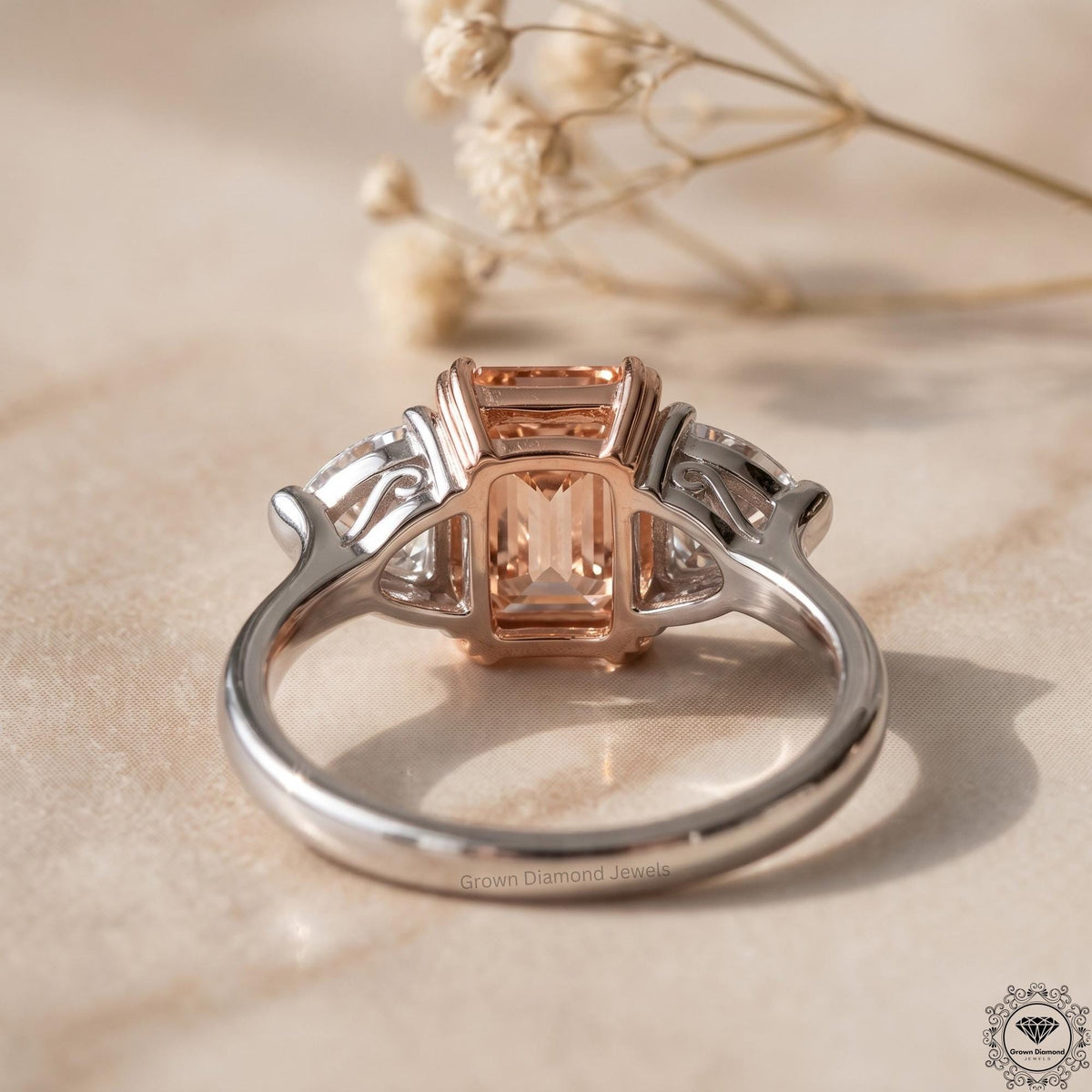 Radiant Cut Vivid Pink Lab Grown Diamond 3 Stone Wedding Ring