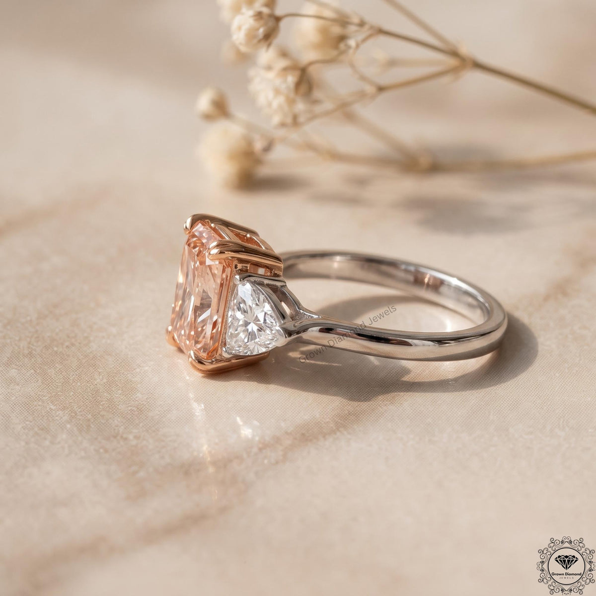 Radiant Cut Vivid Pink Lab Grown Diamond 3 Stone Wedding Ring
