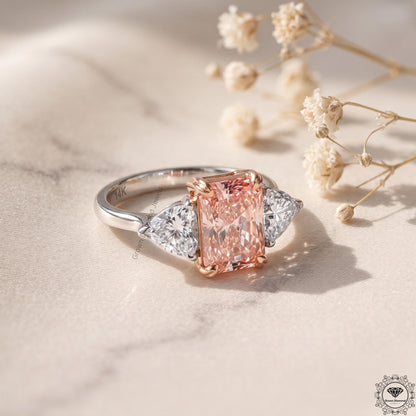 Radiant Cut Vivid Pink Lab Grown Diamond 3 Stone Wedding Ring