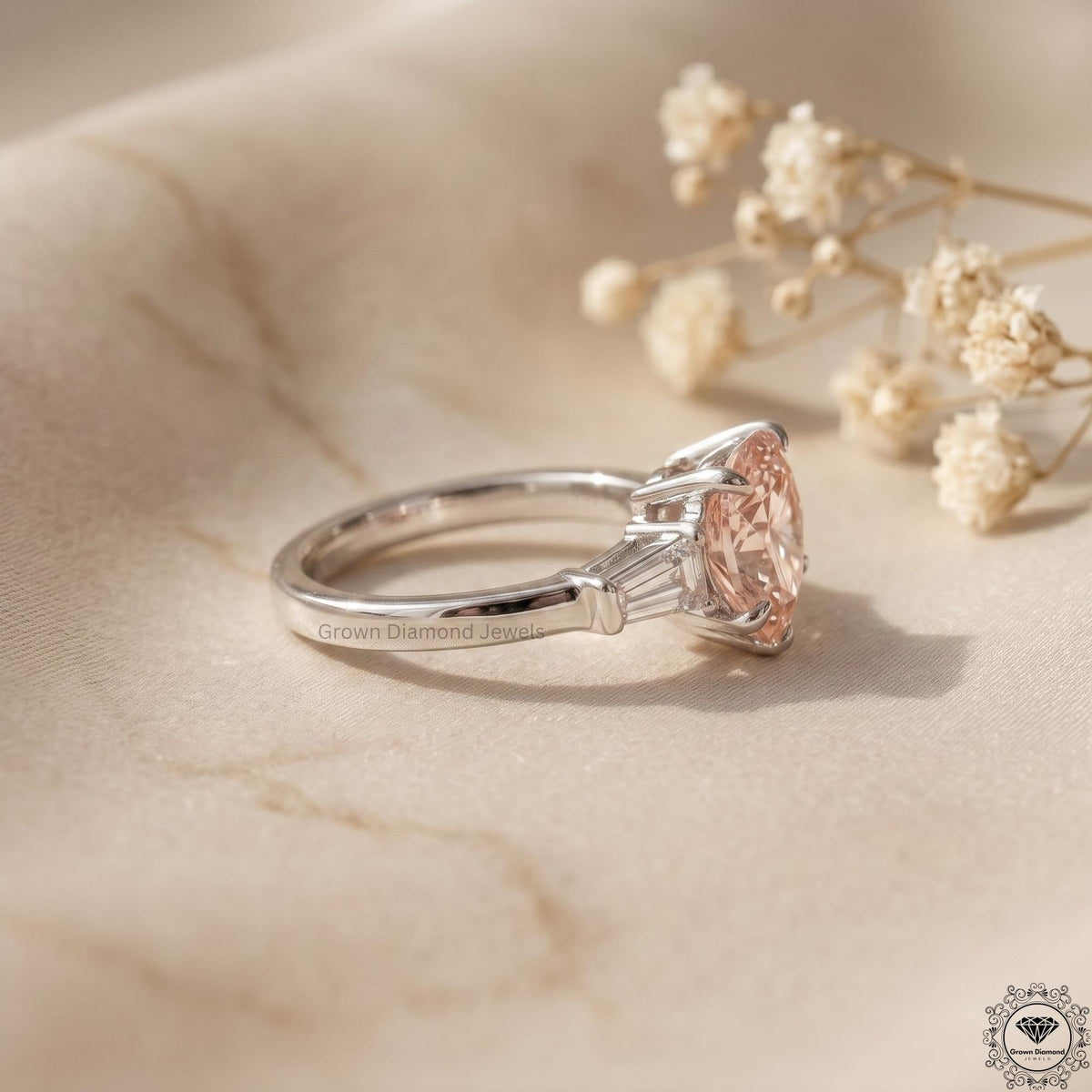 Pink Lab Grown Diamond Heart Cut 3 Stone Engagement Ring