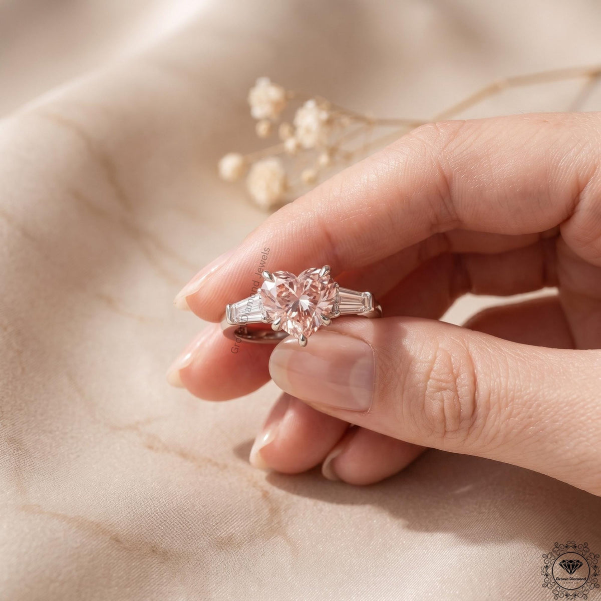 Pink Lab Grown Diamond Heart Cut 3 Stone Engagement Ring