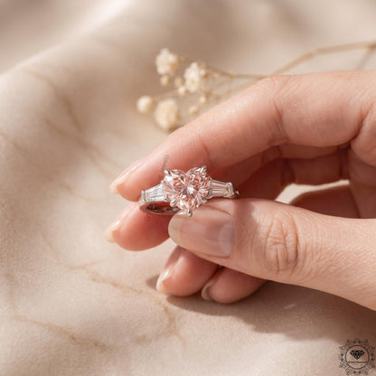 Pink Lab Grown Diamond Heart Cut 3 Stone Engagement Ring