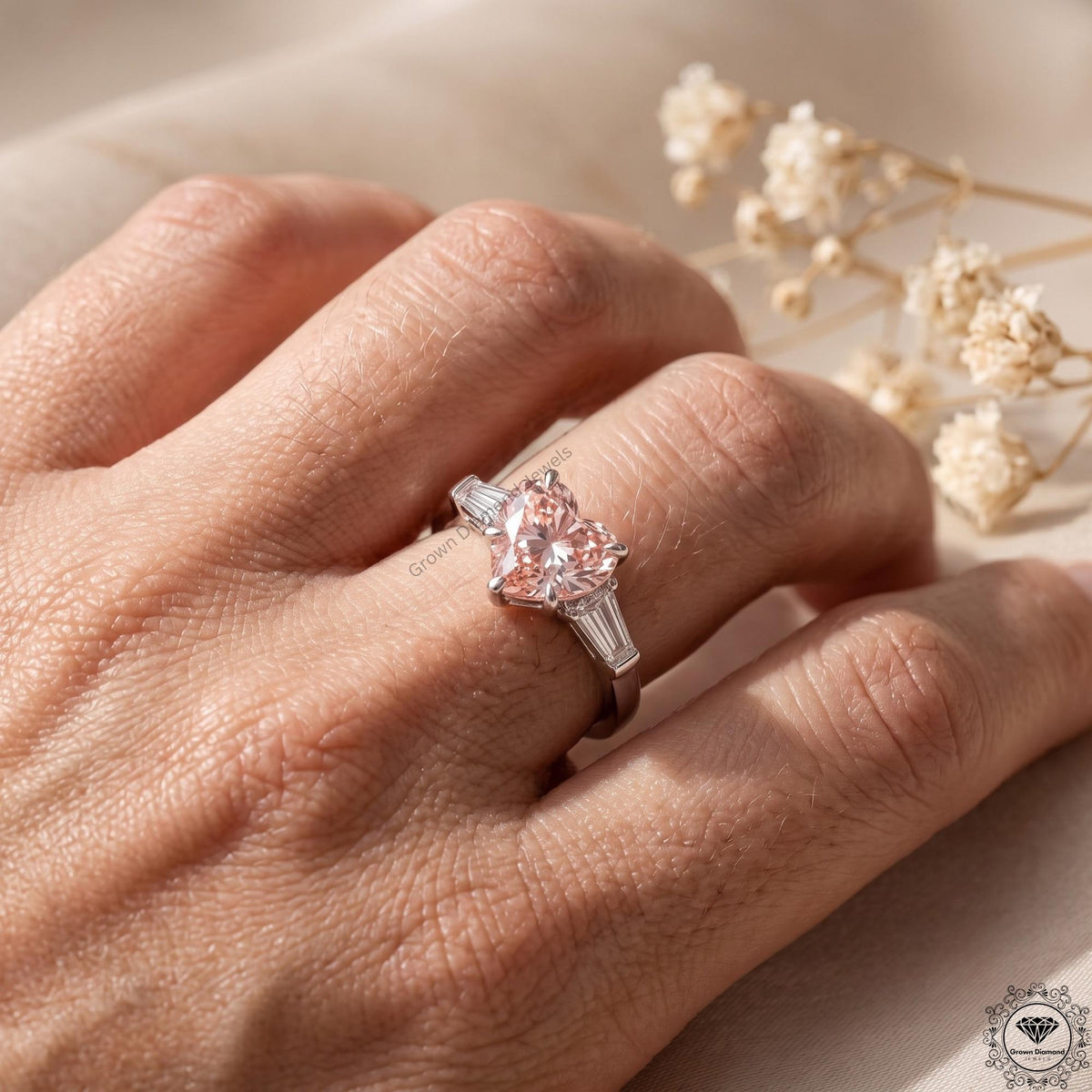 Pink Lab Grown Diamond Heart Cut 3 Stone Engagement Ring