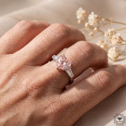 Pink Lab Grown Diamond Heart Cut 3 Stone Engagement Ring