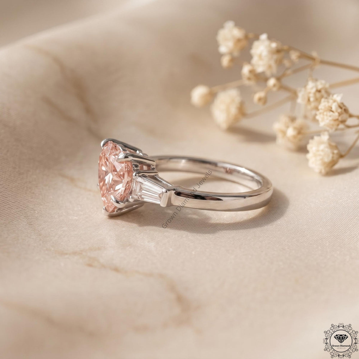 Pink Lab Grown Diamond Heart Cut 3 Stone Engagement Ring