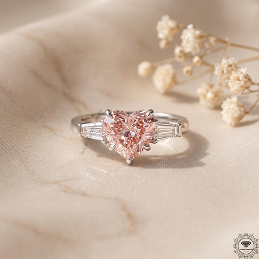 Pink Lab Grown Diamond Heart Cut 3 Stone Engagement Ring