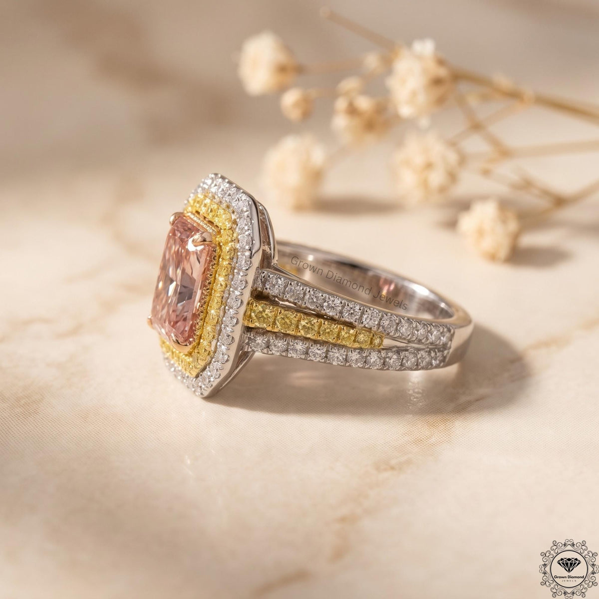 Radiant Cut Vivid Pink Lab Grown Diamond Halo Split Shank Ring