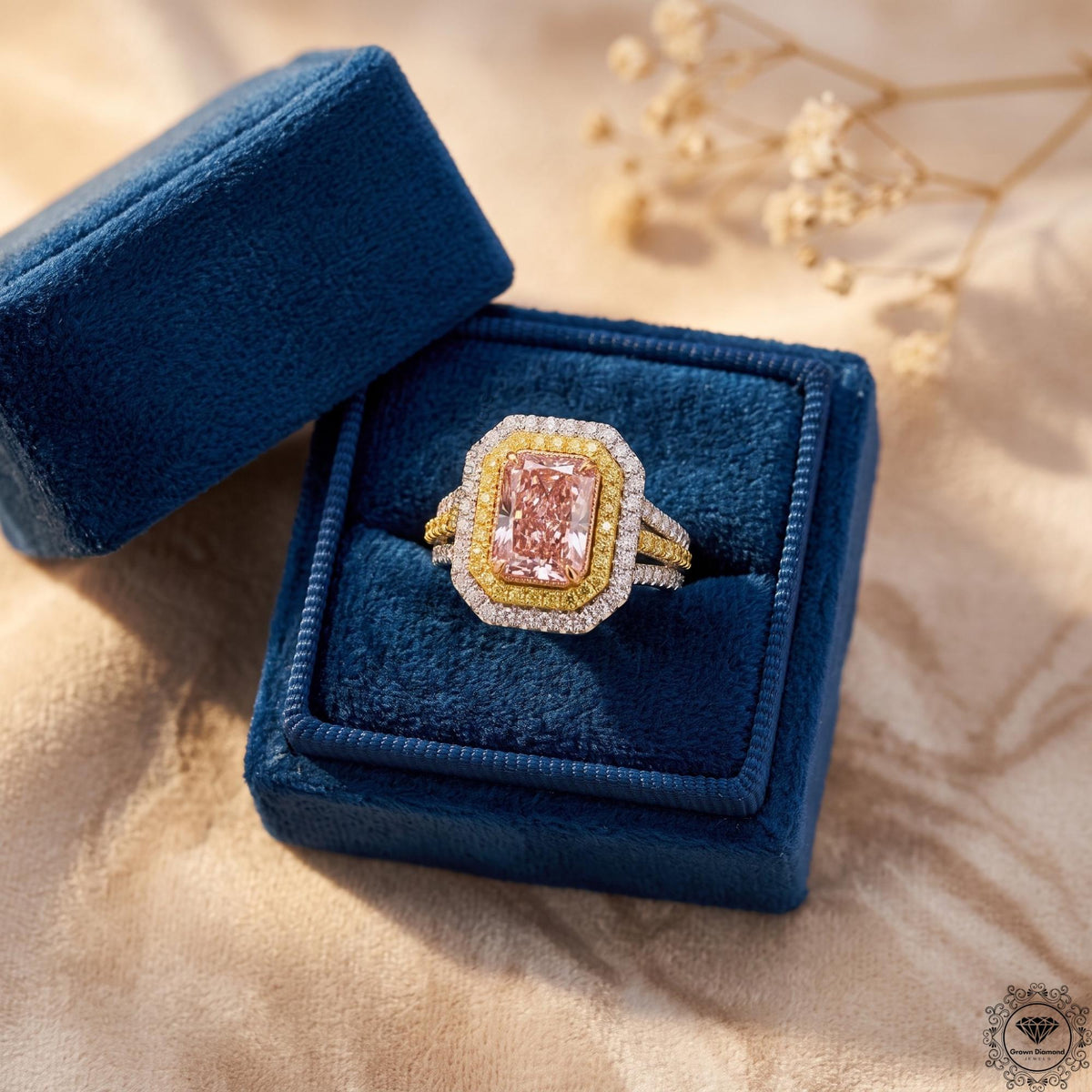 Radiant Cut Vivid Pink Lab Grown Diamond Halo Split Shank Ring