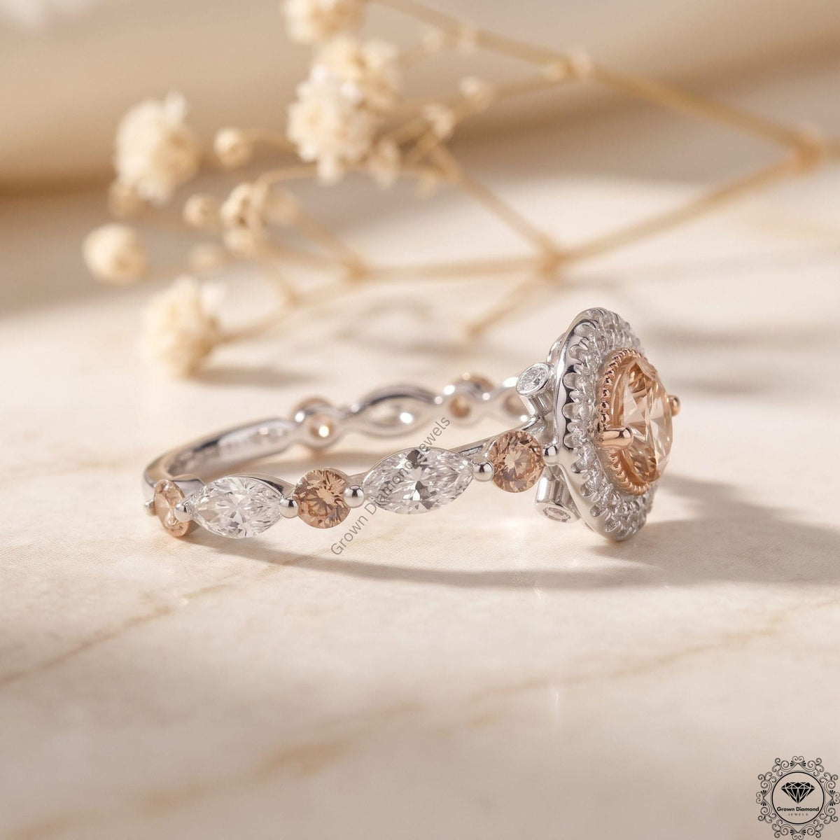 Vivid Pink Lab Grown Diamond Marquise Halo Engagement Ring