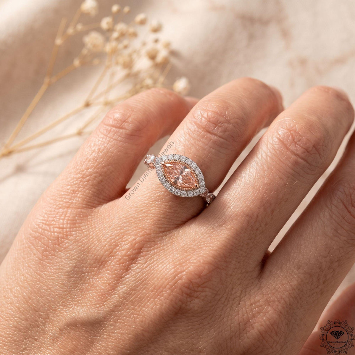 Vivid Pink Lab Grown Diamond Marquise Halo Engagement Ring