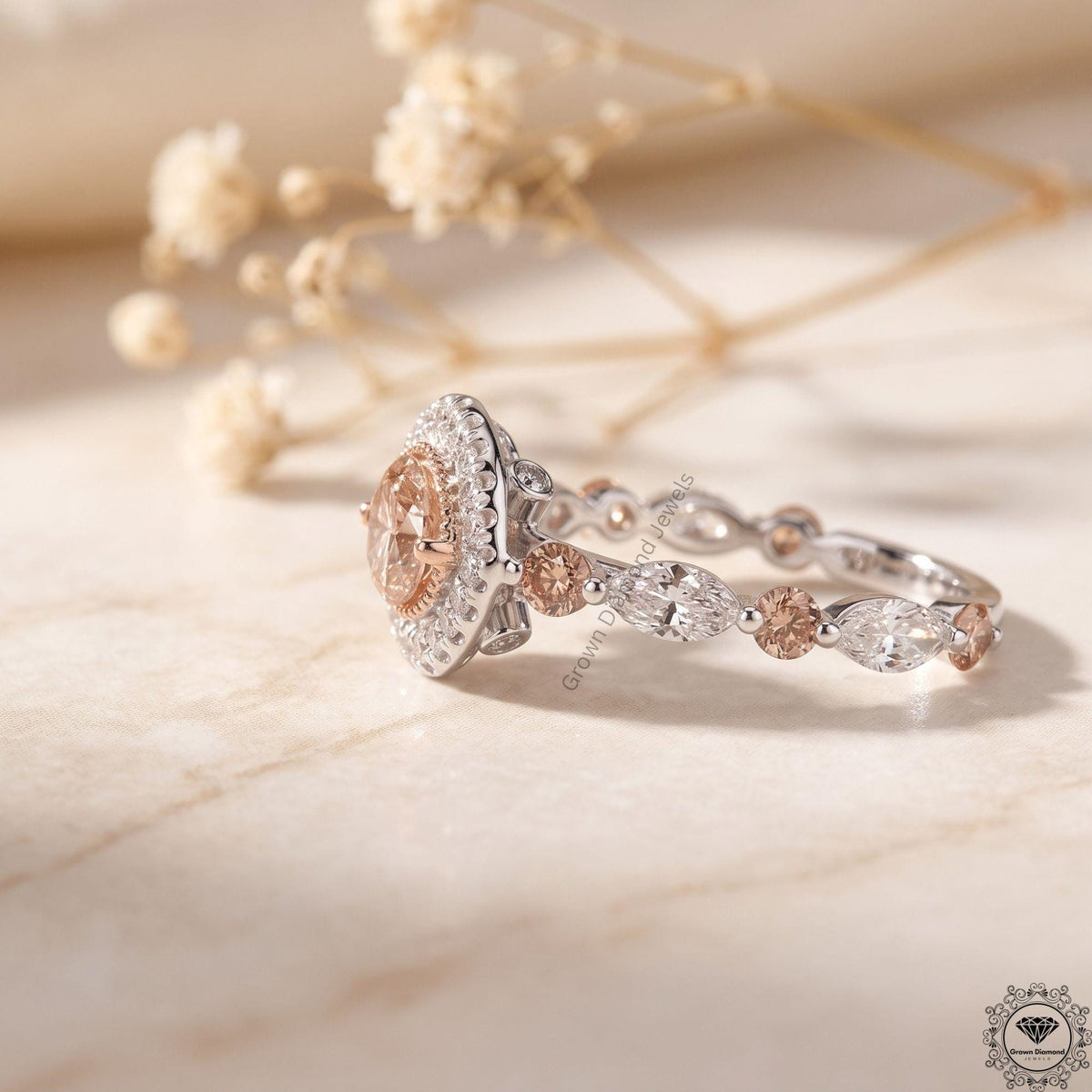 Vivid Pink Lab Grown Diamond Marquise Halo Engagement Ring