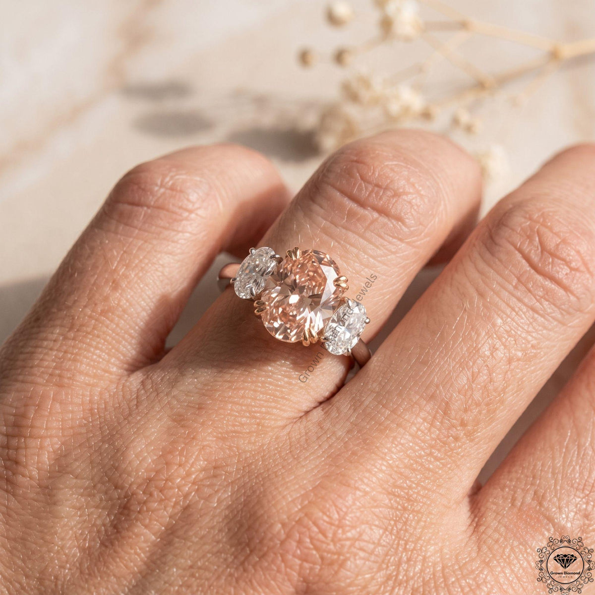 Pink Lab Grown Diamond Oval Three Stone Engagement Ring