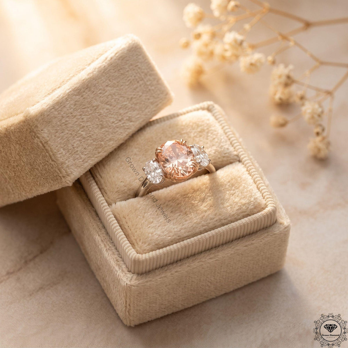 Pink Lab Grown Diamond Oval Three Stone Engagement Ring
