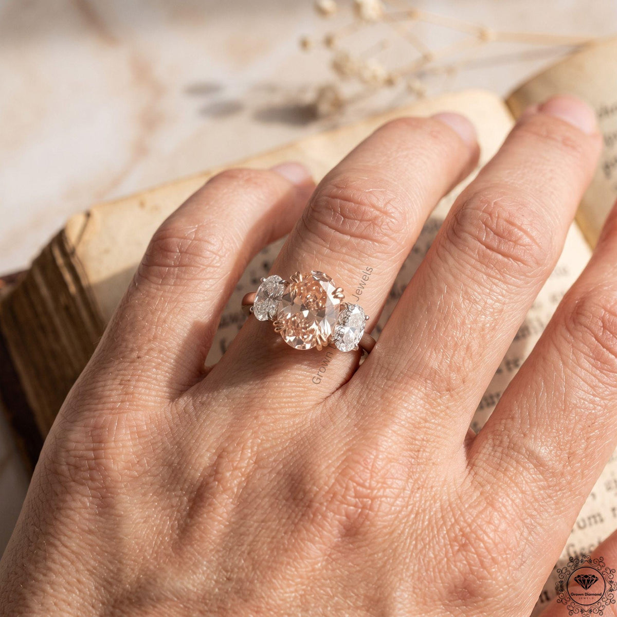 Pink Lab Grown Diamond Oval Three Stone Engagement Ring