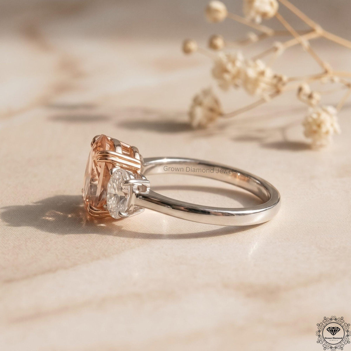 Pink Lab Grown Diamond Oval Three Stone Engagement Ring