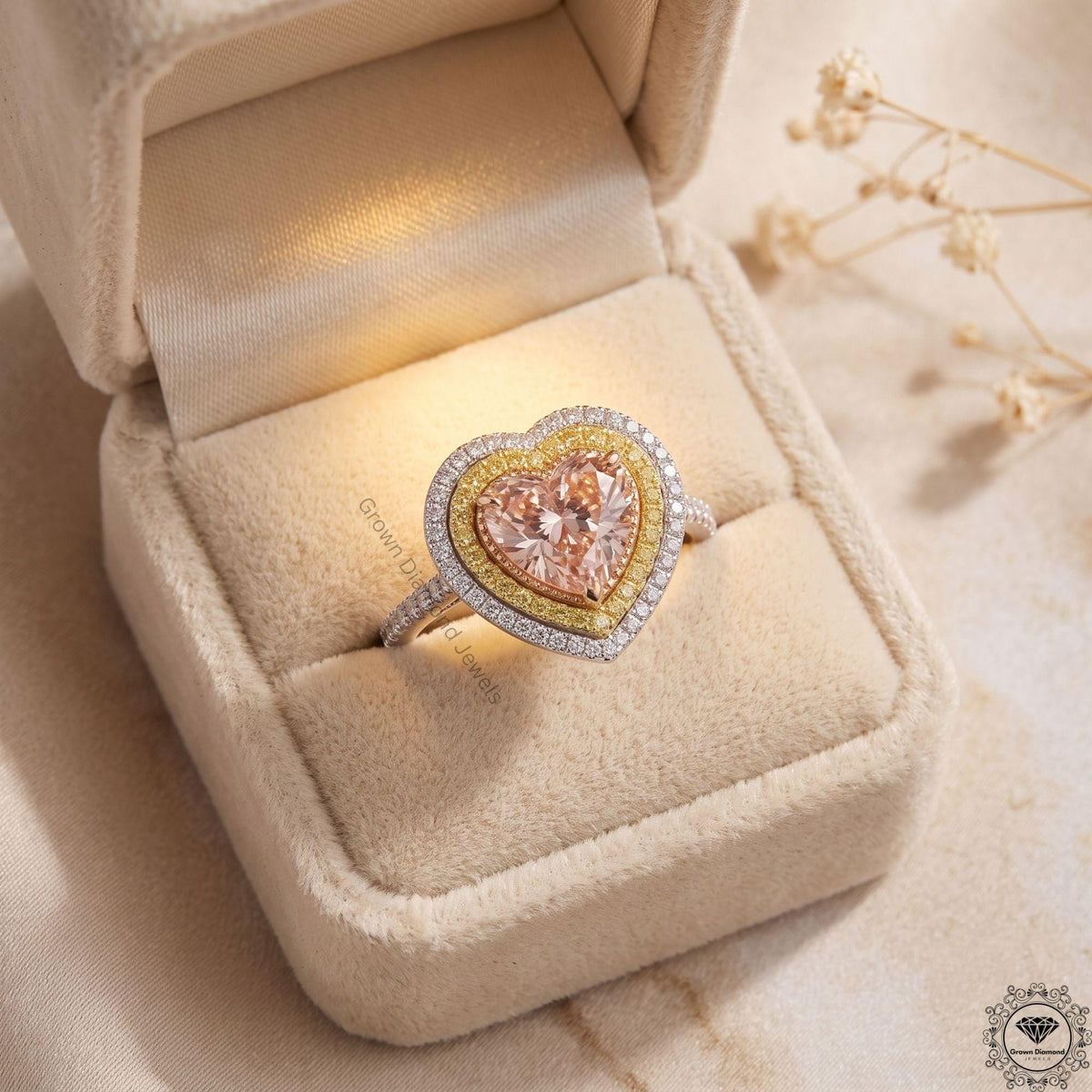 Pink Heart Lab Grown Diamond Engagement Double Halo Ring