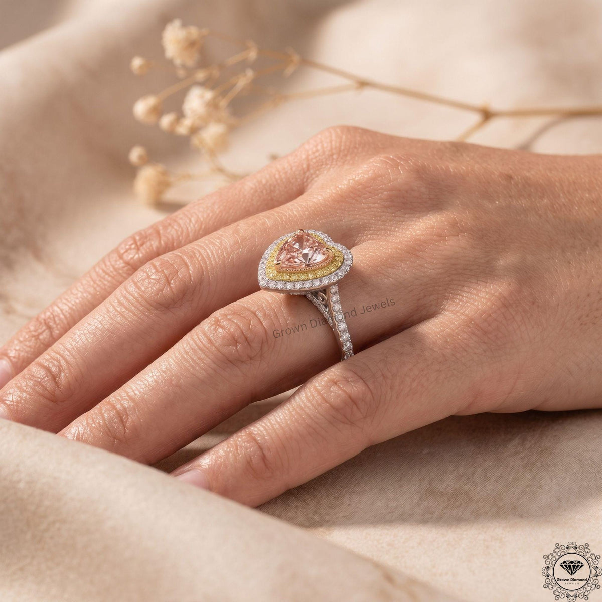 Pink Heart Lab Grown Diamond Engagement Double Halo Ring