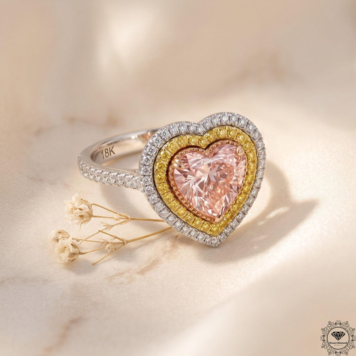 Pink Heart Lab Grown Diamond Engagement Double Halo Ring