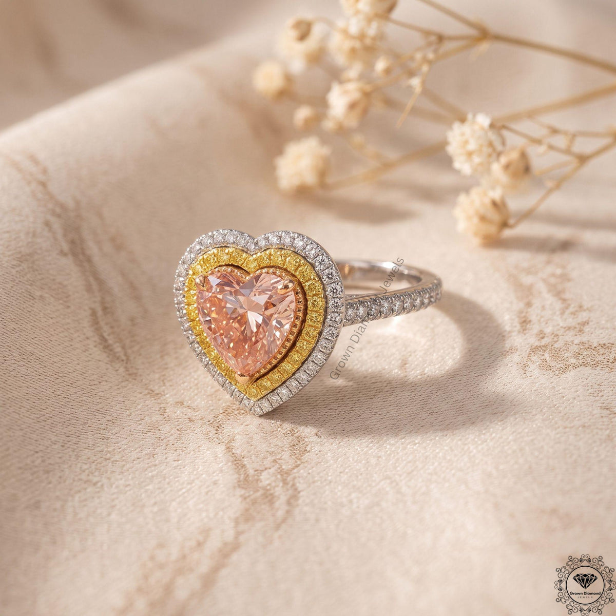 Pink Heart Lab Grown Diamond Engagement Double Halo Ring