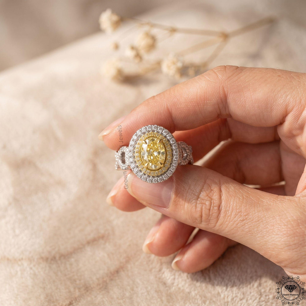 Fancy Intense Yellow Oval Lab Grown Diamond Double Halo Ring