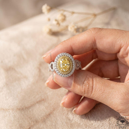 Fancy Intense Yellow Oval Lab Grown Diamond Double Halo Ring