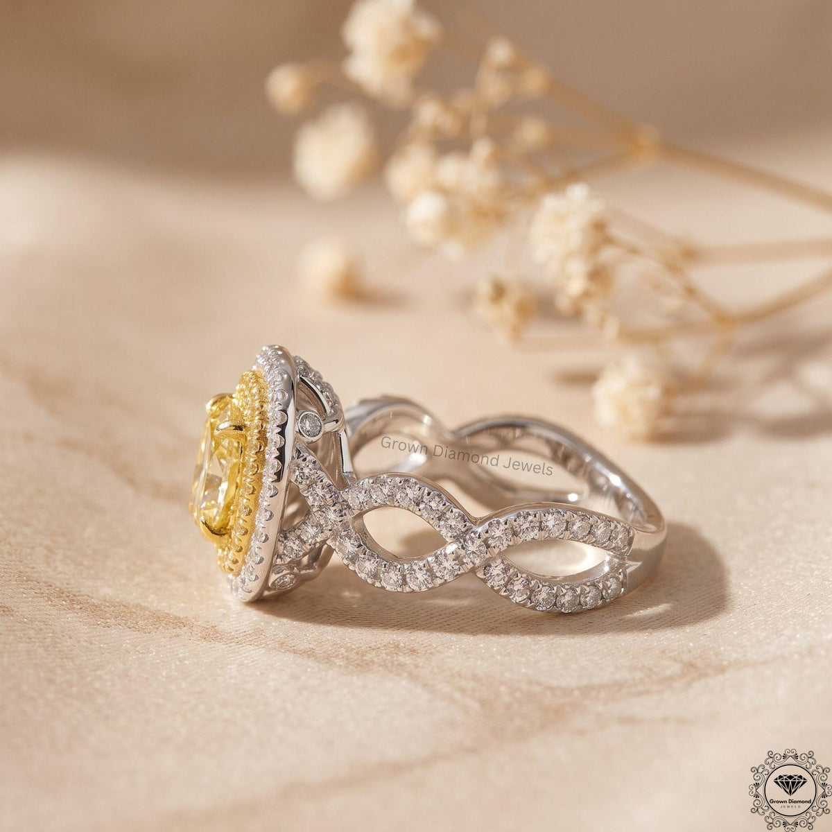 Fancy Intense Yellow Oval Lab Grown Diamond Double Halo Ring