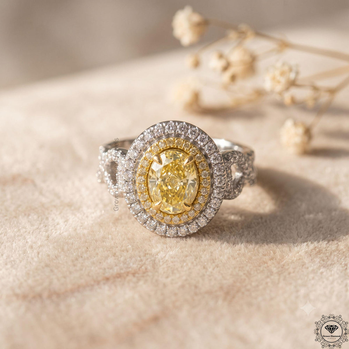 Fancy Intense Yellow Oval Lab Grown Diamond Double Halo Ring